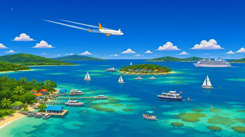 Concept art of an aircraft above turquoise tropical waters, green islands, sailboats, and a cruise ship