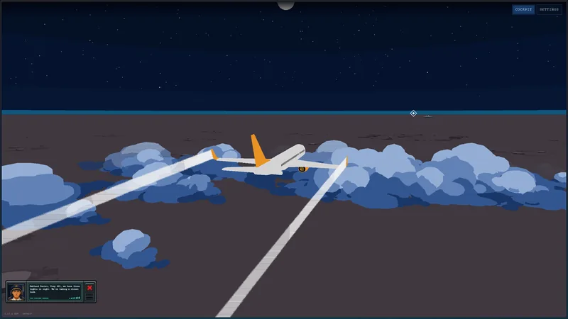 Rear view of an orange and white aircraft leaving long contrails among blue clouds at night