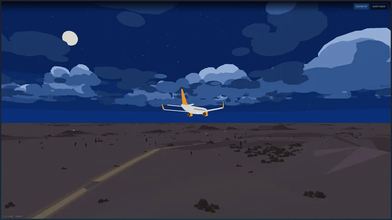 An aircraft flying above a winding road beneath the moon and a sky filled with clouds