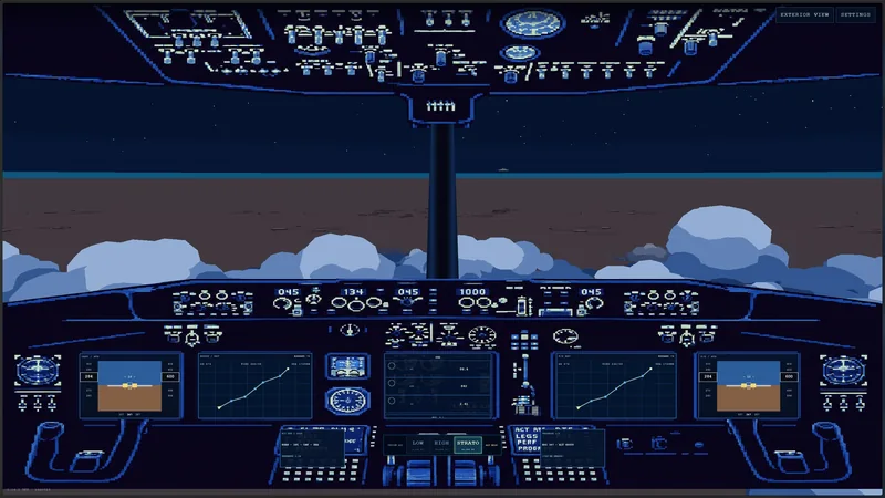 View from inside the cockpit, with illuminated instrument panels and clouds beneath a starry sky